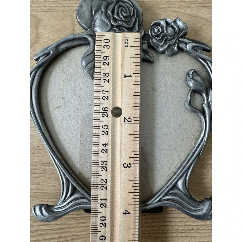 Ornate Silver Tone Heart Picture Frame Raised Roses Victorian Floral Tabletop